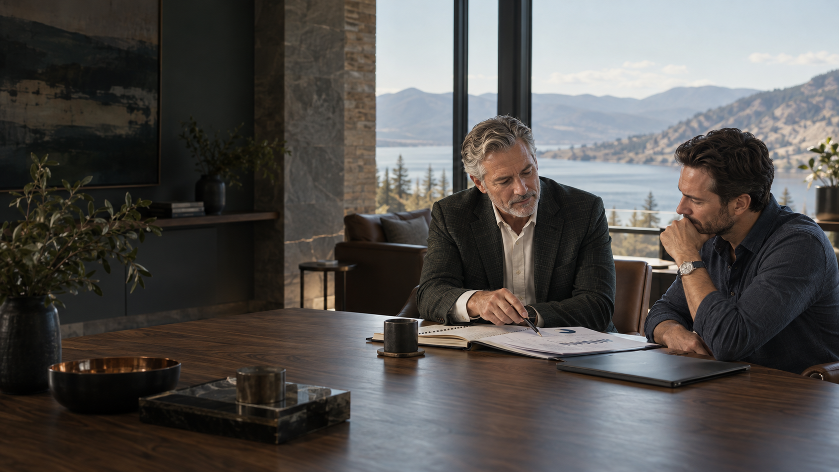A strategic advisor and business leader reviewing an important decision together