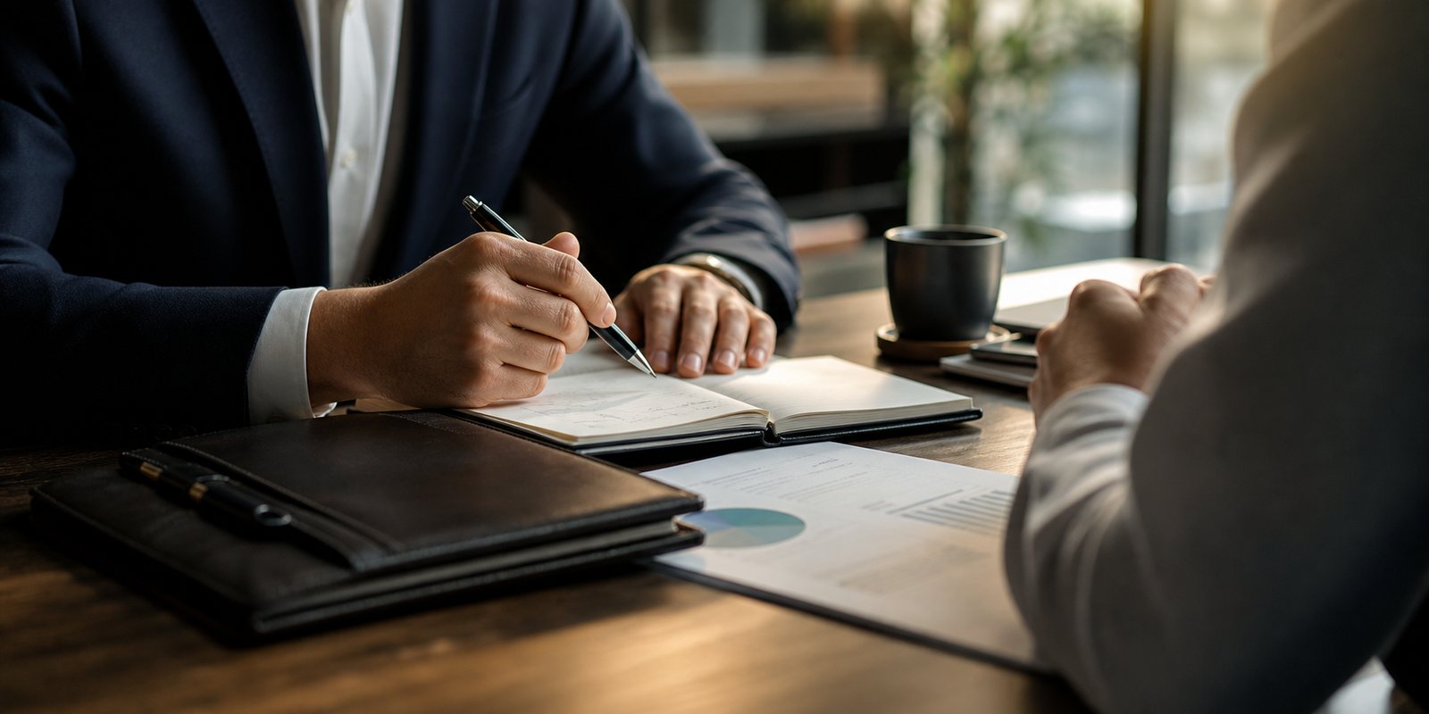 Senior advisor reviewing financial notes with a client